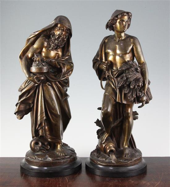 Albert-Ernest Carrier-Belleuse (1824-1887). A pair of bronze figures representing Summer and Winter, 16.5in.